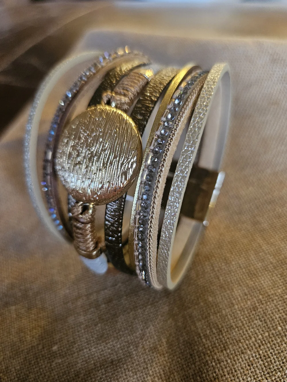 Multi-Row Gold and Champagne Women’s Wrap Bracelet. Lightweight. Beautiful!
